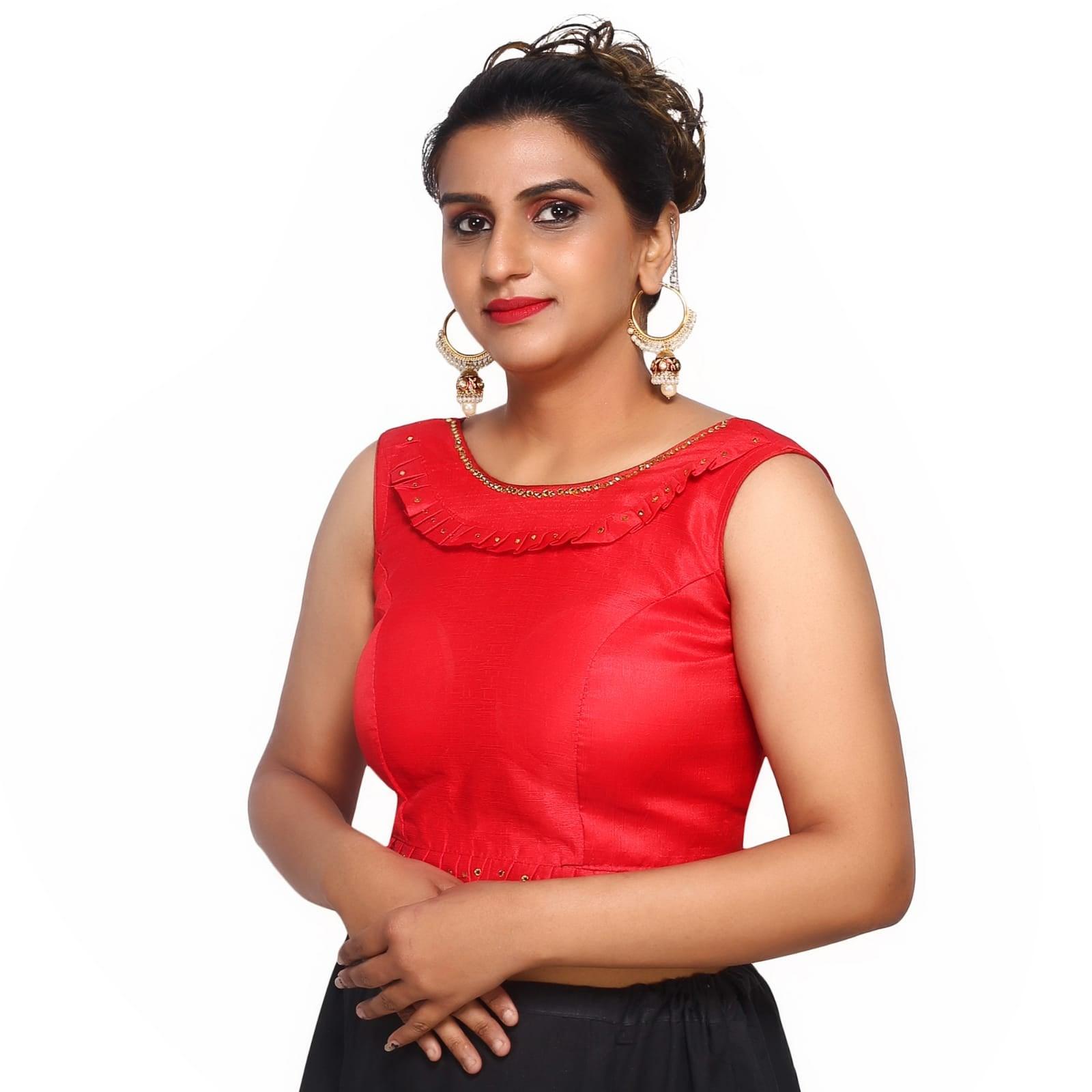 Boat Neck Red Solid Women Blouse