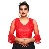 V Neck Red Machine Embroidery Women Blouse Default Title