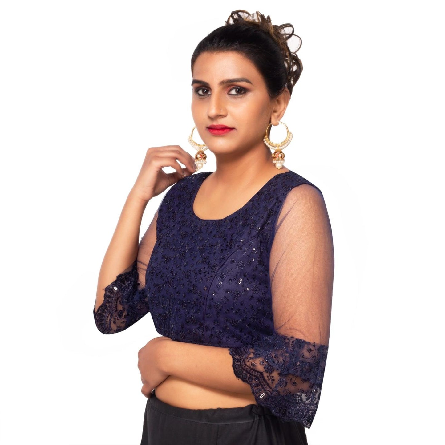 Trendzmy Round Neck Dark Blue Machine Embroidery Women Blouse