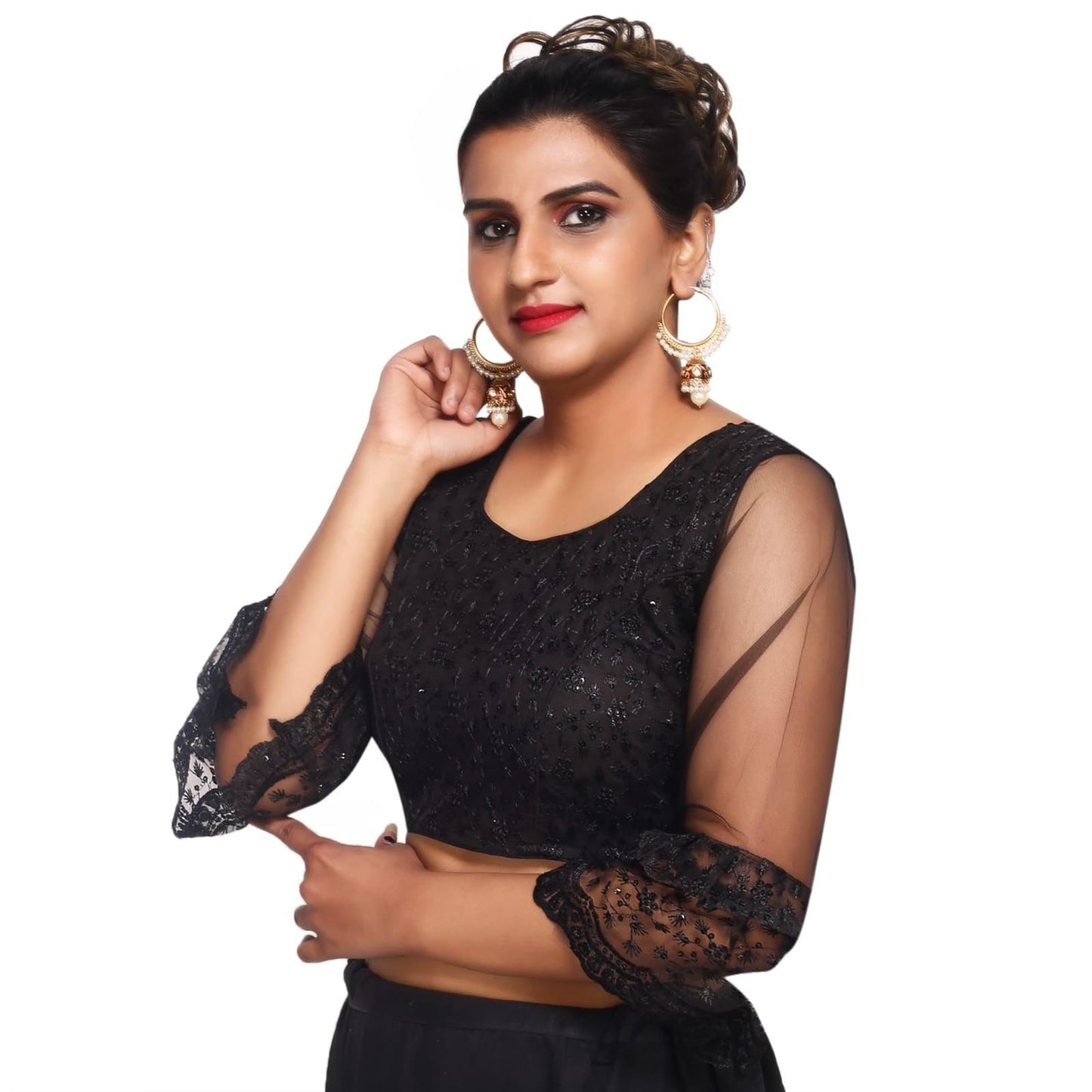 Trendzmy Round Neck Black Machine Embroidery Women Blouse