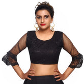 Round Neck Black Machine Embroidery Women Blouse Black