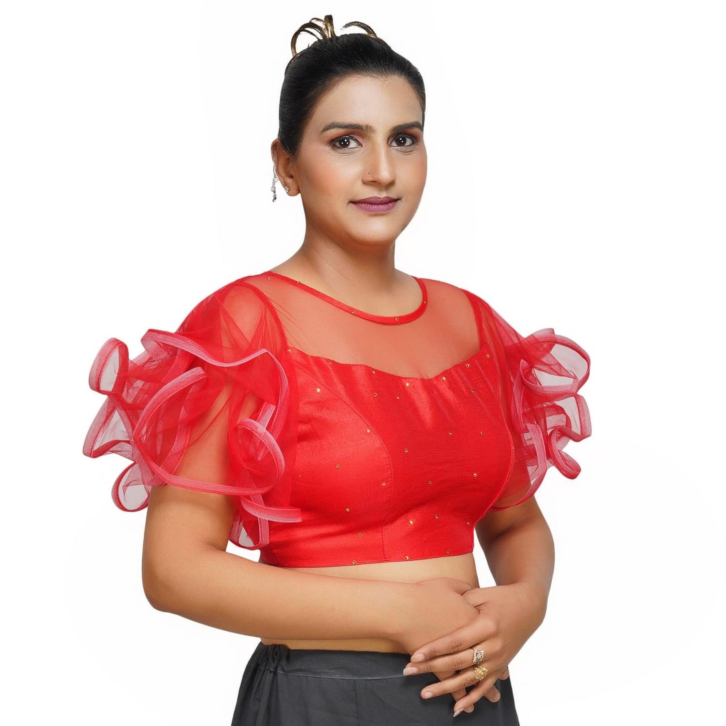 Trendzmy Boat Neck Frill Shoulder Red Women Blouse