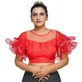Boat Neck Frill Shoulder Red Women Blouse Red