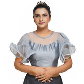 Boat Neck Frill Shoulder Grey Women Blouse Grey