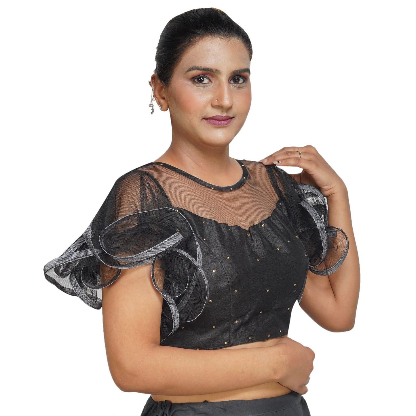 Trendzmy Boat Neck Frill Shoulder Black Women Blouse