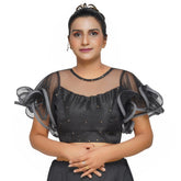 Boat Neck Frill Shoulder Black Women Blouse Black