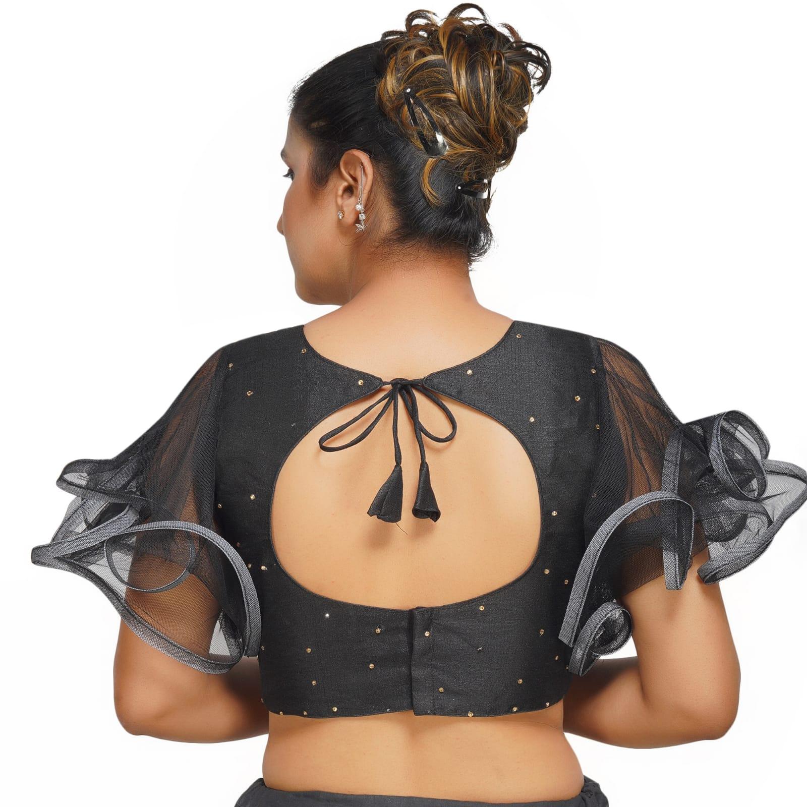 Boat Neck Frill Shoulder Black Women Blouse