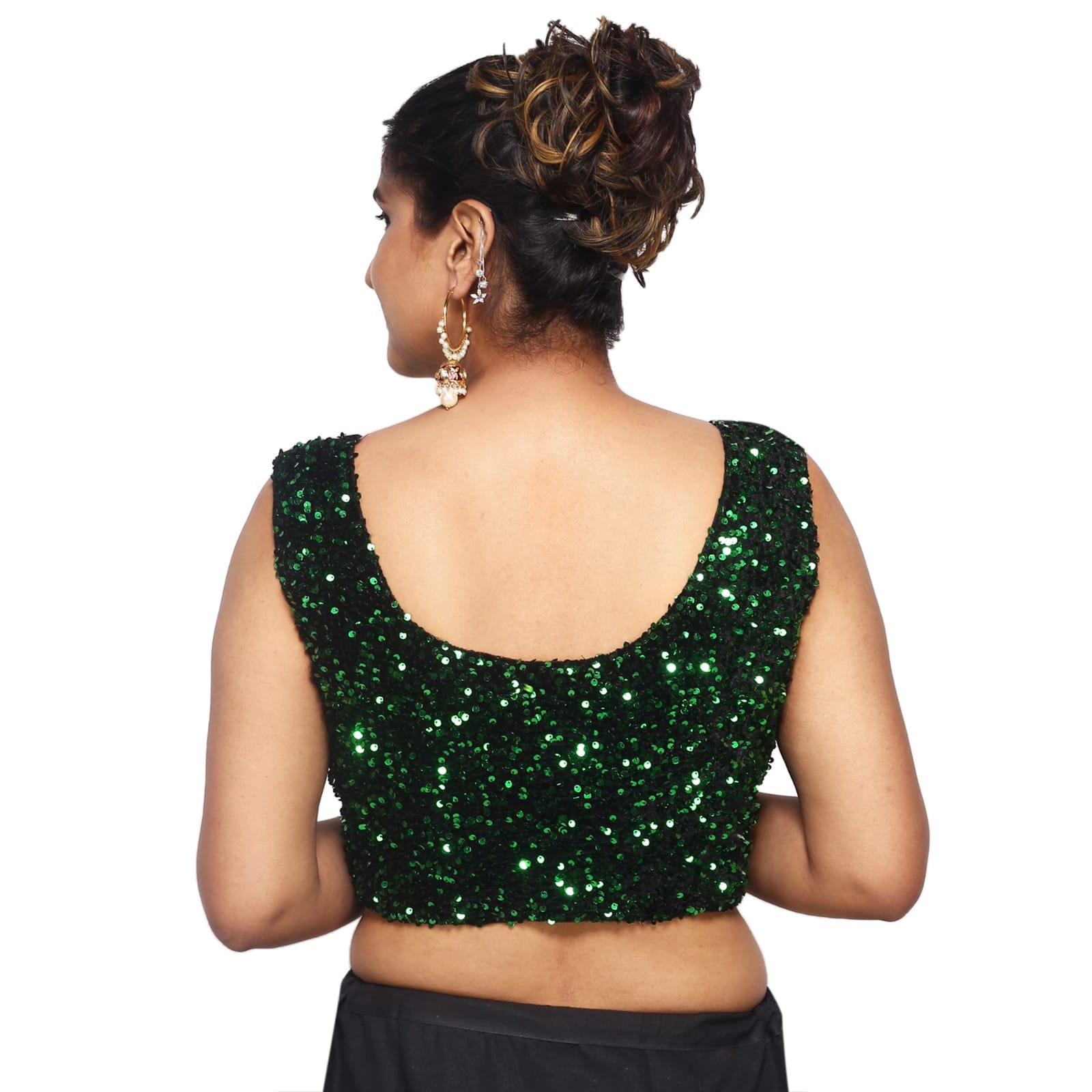 Sequins Round Neck Velvet Green Women Blouse