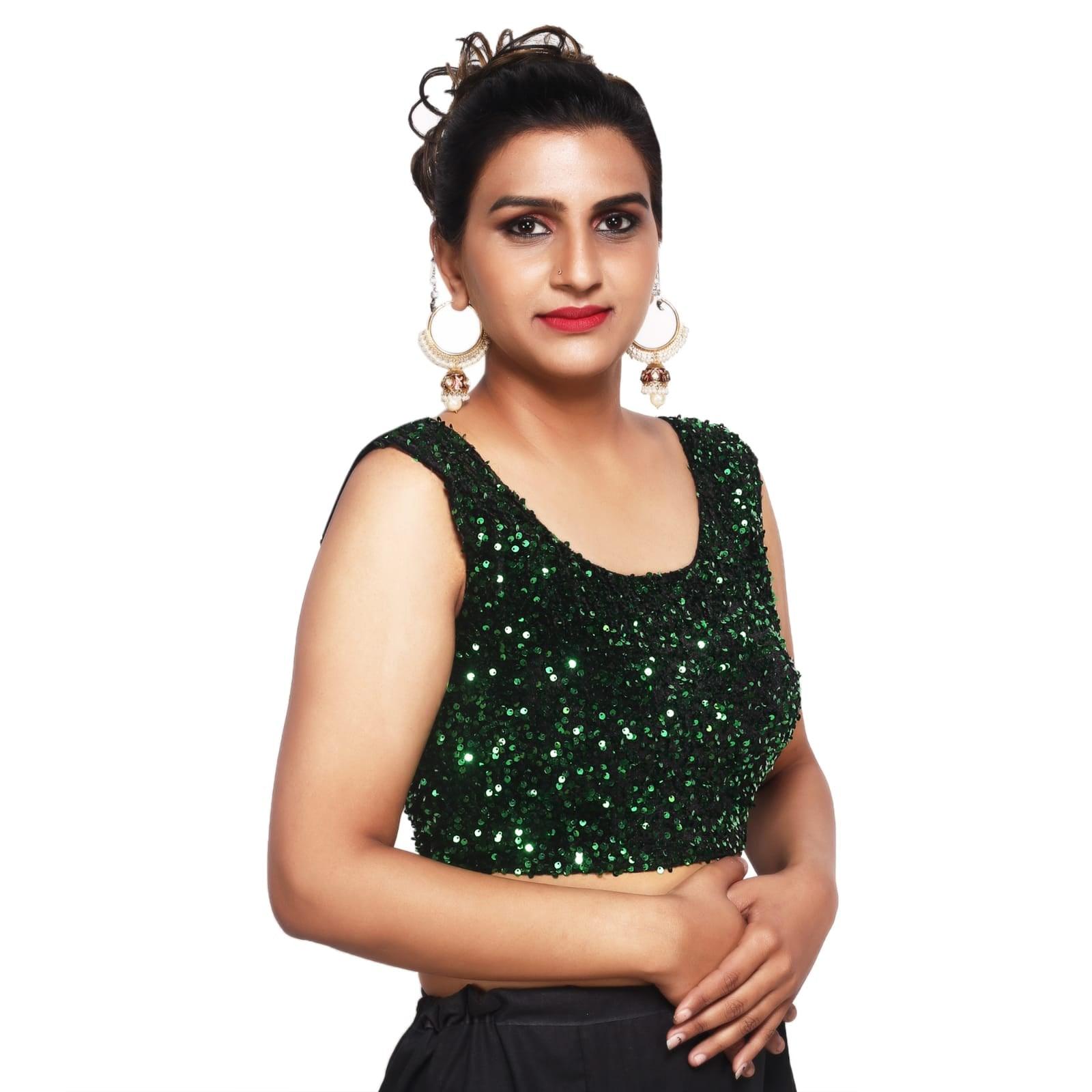 Sequins Round Neck Velvet Green Women Blouse