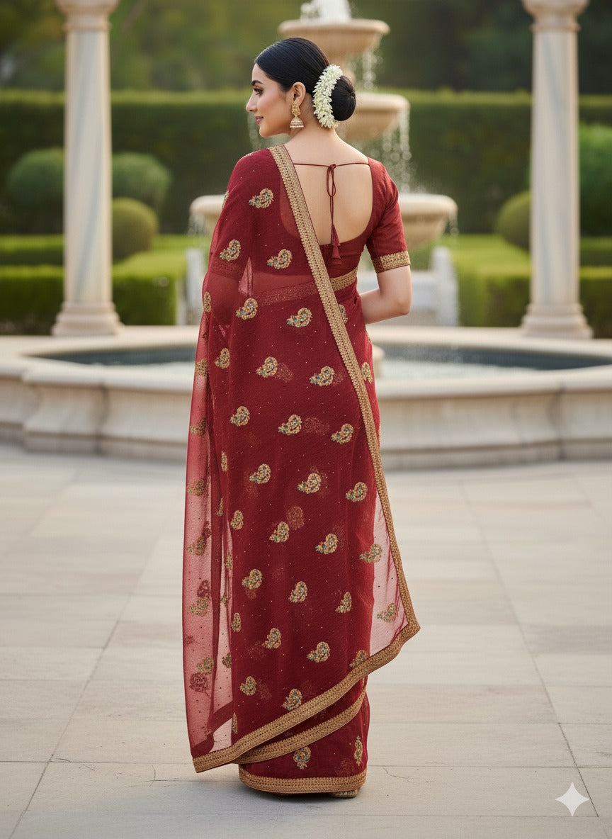 Women Maroon Georgette Saree with Golden Embroidery & Border – Karva Chauth Special