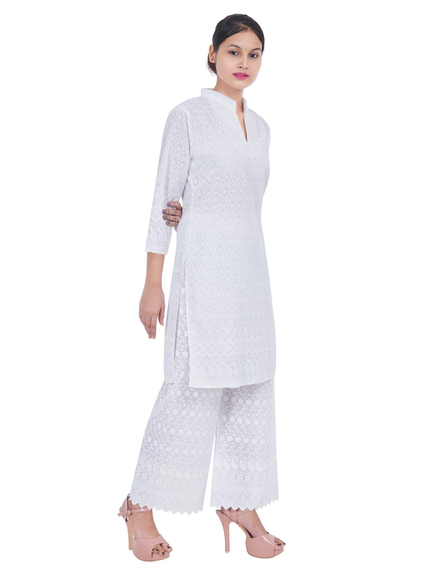 Trendzmy Women White Chicken Embroidered Straight Kurta