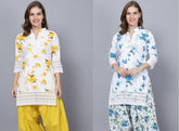 Pack of 2 Set Women Floral Print Cotton Blend Straight Kurta (Yellow, Blue) XXXL