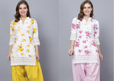 Pack of 2 Set Women Floral Print Cotton Blend Straight Kurta (Yellow, Pink) XXXL
