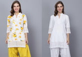 Pack of 2 Set Women Floral Print Cotton Blend Straight Kurta (Yellow, White) XXXL