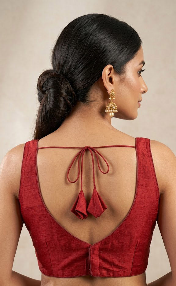 Women's Raw Silk Sleeveless Blouse - Deep V-Neck Saree blouse