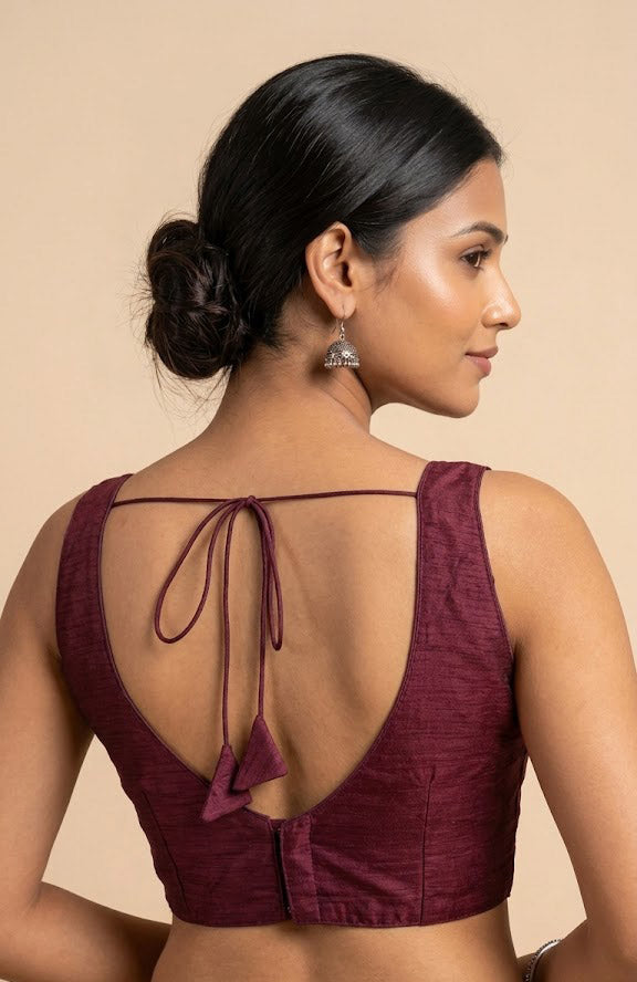 Women's Raw Silk Sleeveless Blouse - Deep V-Neck Saree blouse