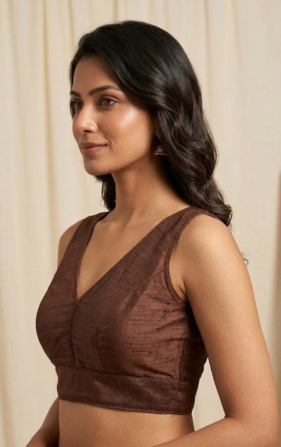 Women's Raw Silk Sleeveless Blouse - Deep V-Neck Saree blouse