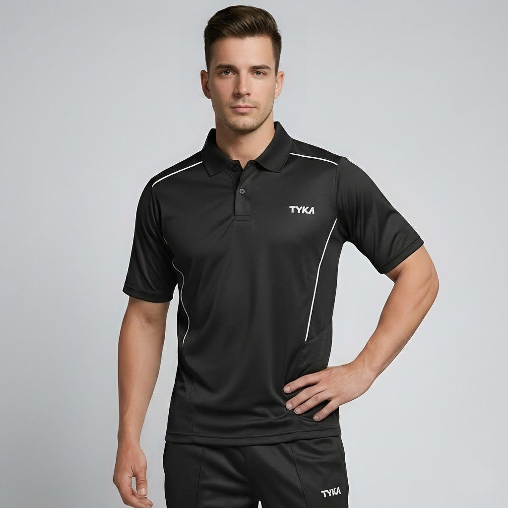 TYKA Prima Men Black Sports Polo T-Shirt | Quick Dry Activewear with Contrast Piping