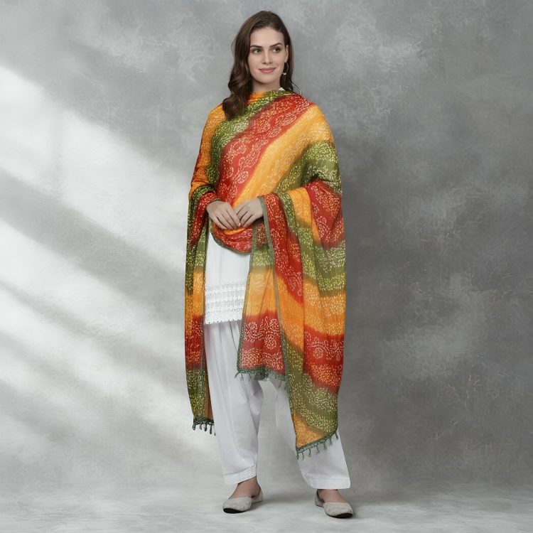 Color Palette: A vibrant "Panchrangi" style featuring Mustard Yellow, Deep Red, Olive Green, and Orange.