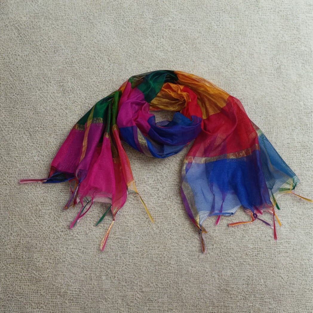 Multicolored Chanderi Cotton Silk Checked Dupatta with Golden Zari Border