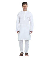 Men Solid White Cotton Blend Kurta and Pajama Set