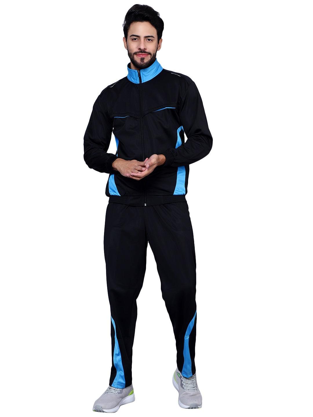 Shiv Naresh Men Color blocked Black and Sky Blue Racer suit Tracksuit XXL