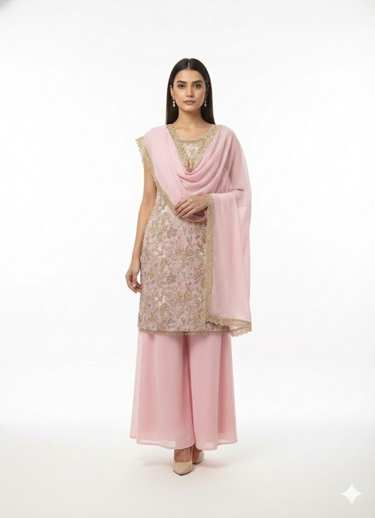 Baby Pink Georgette Kurta Palazzo Set-FREE SIZE