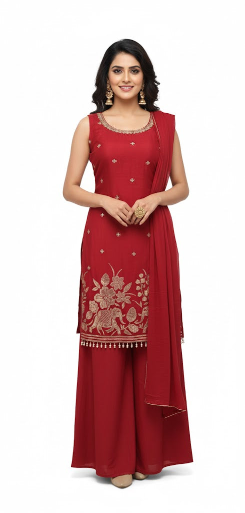 Dazzling Rani Pink Art Silk Kurta Palazzo Set