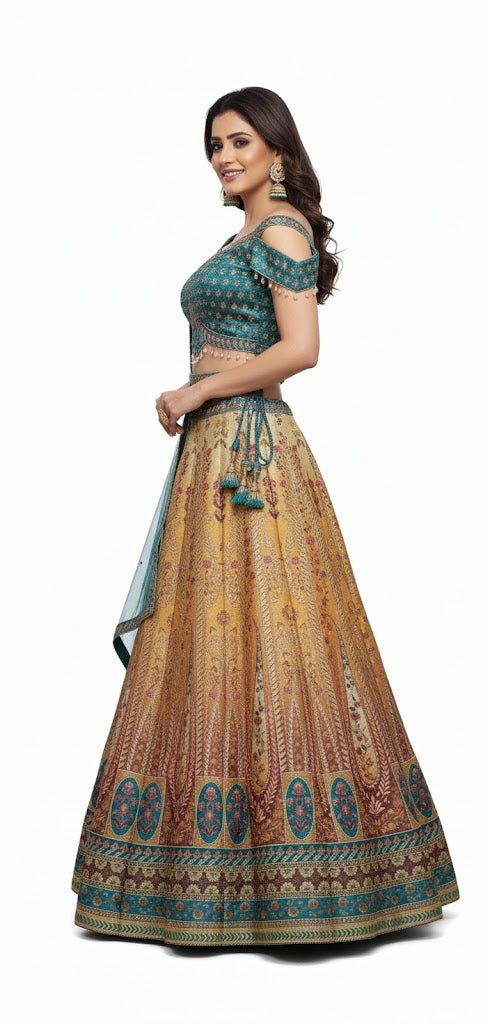 π Striking Firozy & Golden Art Silk Lehenga Crop Top Set