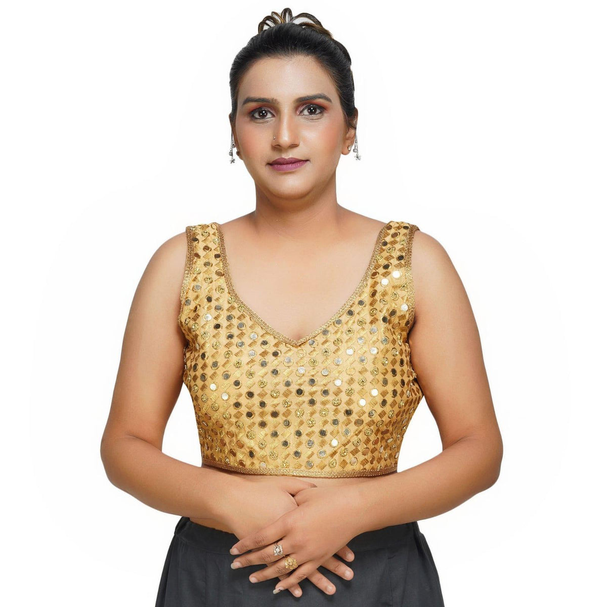 Sweetheart Neck Back Less Mirror Embroidery Golden Women Blouse Default Title