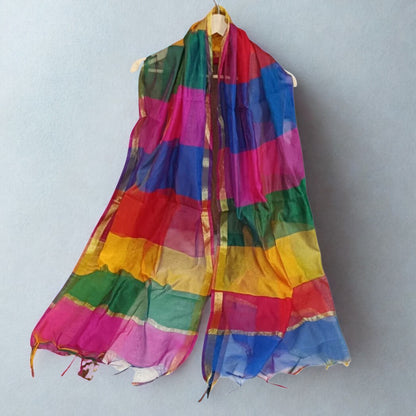 Multicolored Chanderi Cotton Silk Checked Dupatta with Golden Zari Border