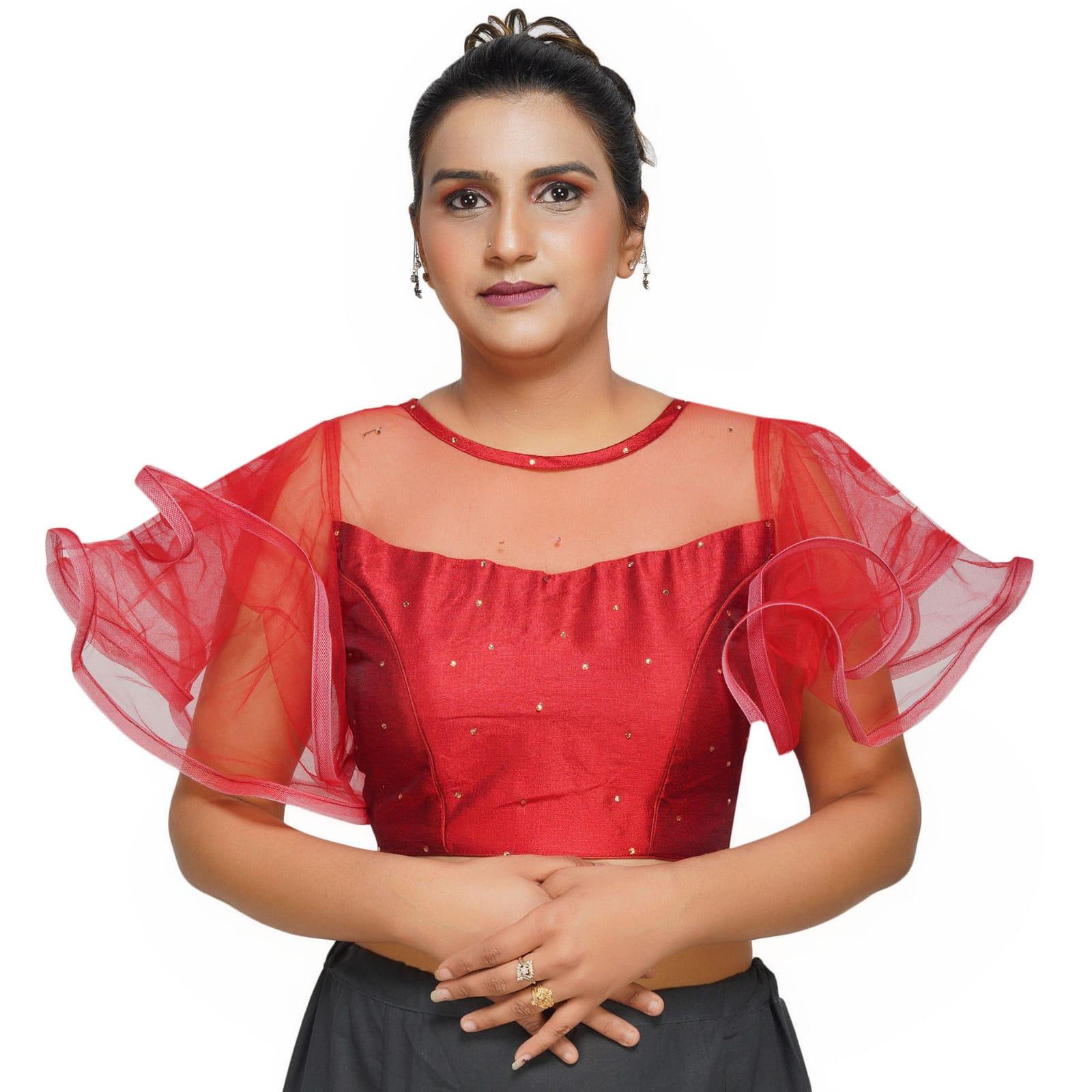 Boat Neck Frill Shoulder Dark Red Women Blouse Dark Red