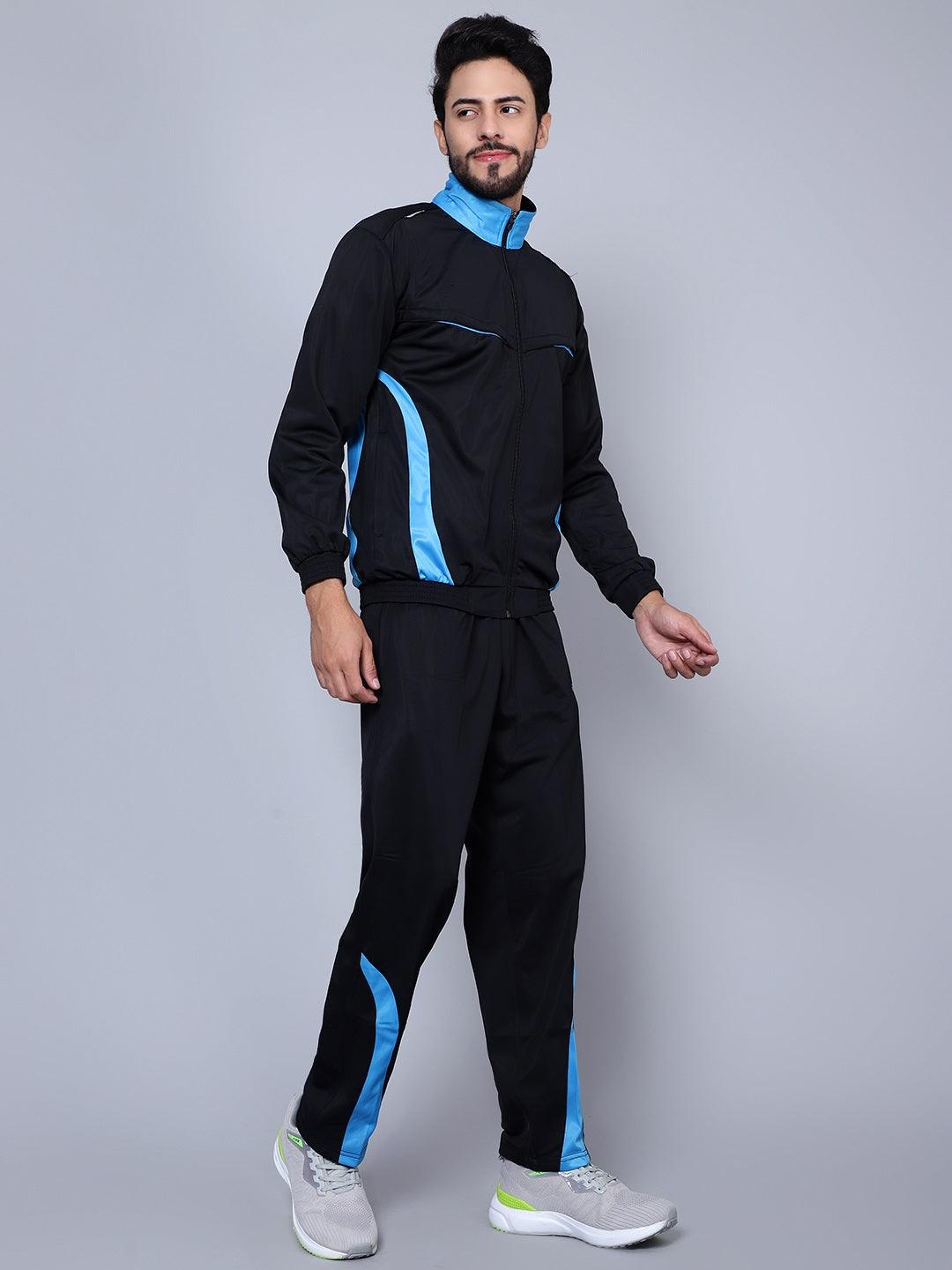 Shiv Naresh Men Color blocked Black and Sky Blue Racer suit Tracksuit
