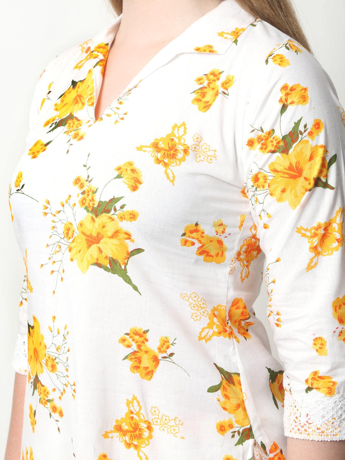 Trendzmy Women Chikan Embroidery Cotton Blend Kurti Set Ethnic Dress Cord Set Printed Yellow Color