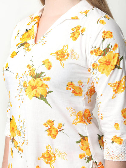 Trendzmy Women Chikan Embroidery Cotton Blend Kurti Set Ethnic Dress Cord Set Printed Yellow Color