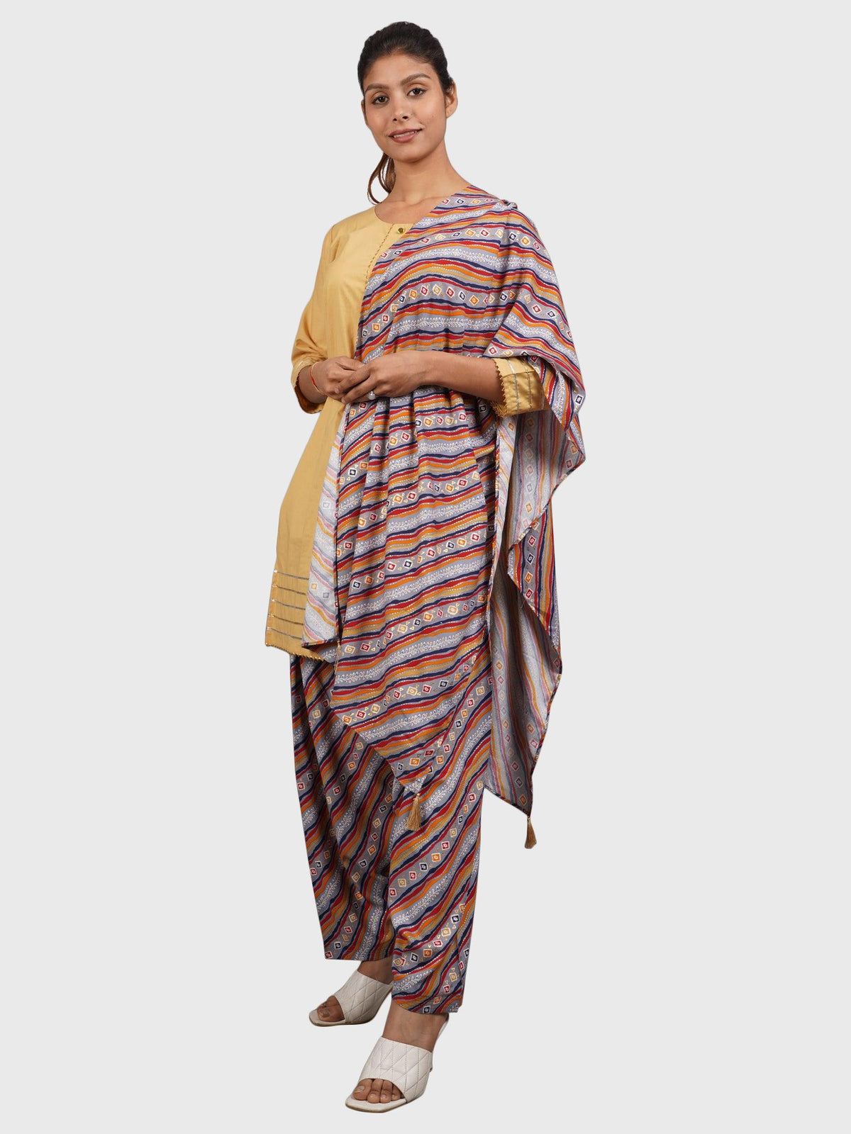 Women Plain Beige Kurta with Stripe Blue Salwar and Dupatta XXXL