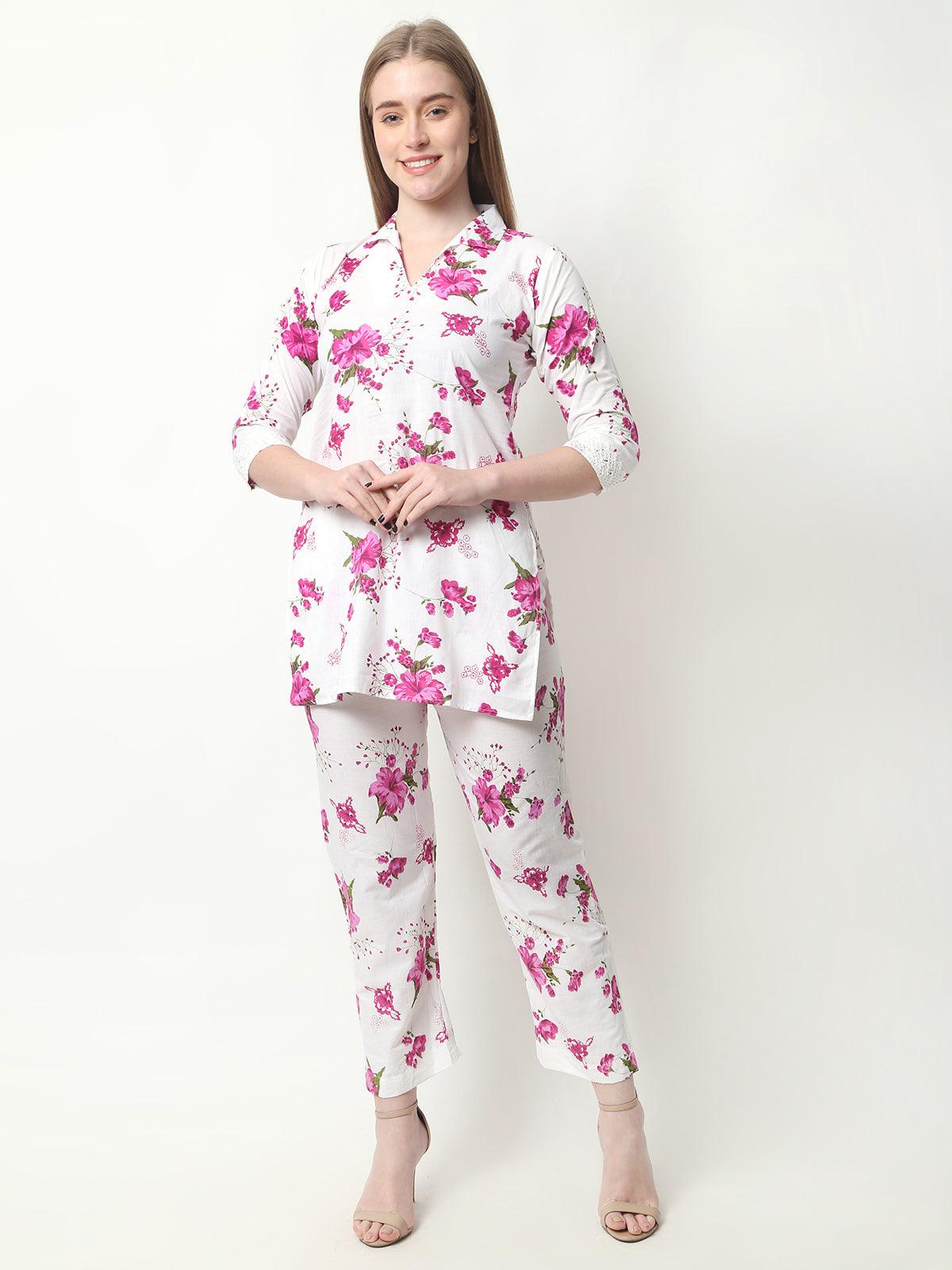 Trendzmy Women Chikan Embroidery Cotton Blend Kurti Set Ethnic Dress Cord Set Printed Pink Color