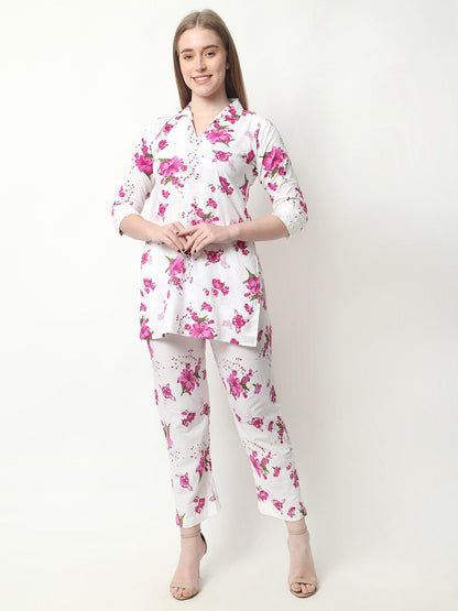 Trendzmy Women Chikan Embroidery Cotton Blend Kurti Set Ethnic Dress Cord Set Printed Pink Color