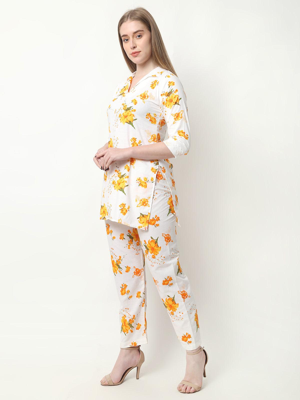 Women Floral Print Cotton Yellow Cord Set