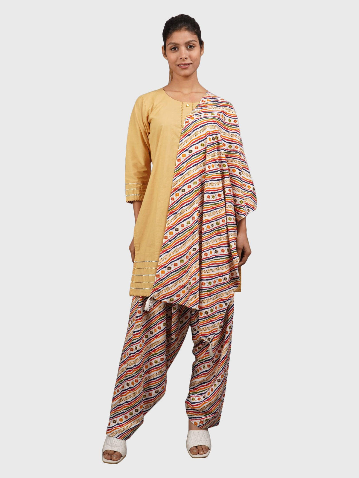 Women Plain Beige Kurta with Stripe Cream Salwar and Dupatta XXXL