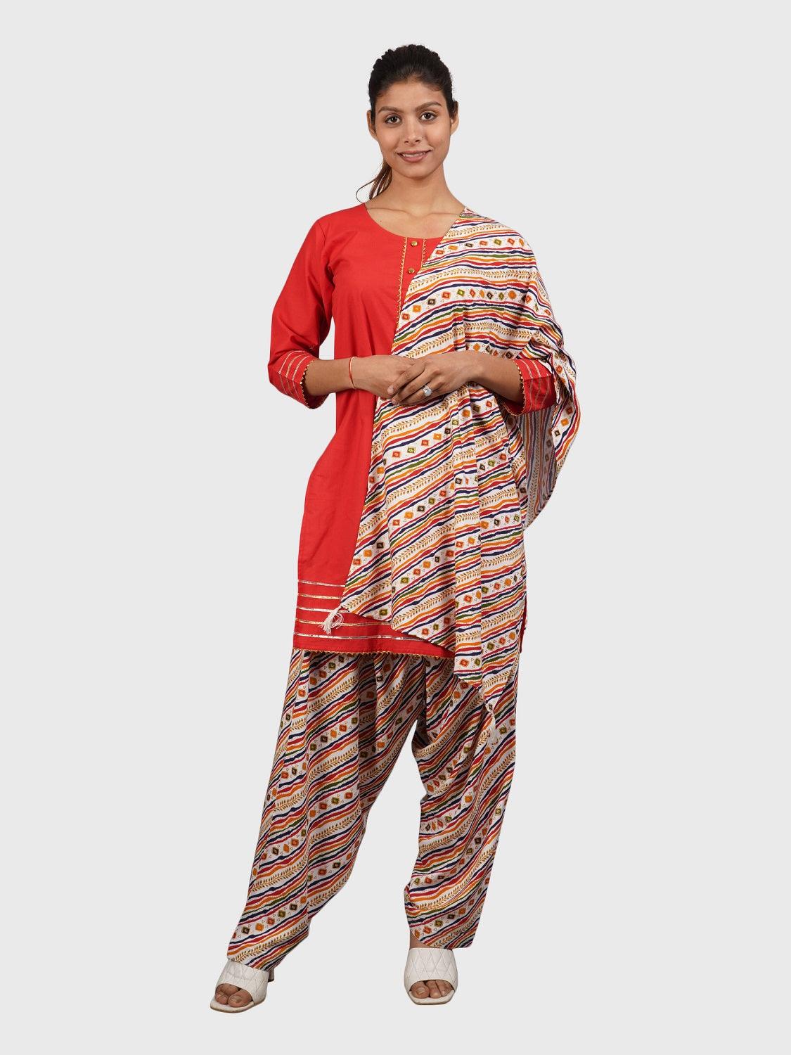 Women Plain Red Kurta with Stripe Cream Salwar and Dupatta XXXL