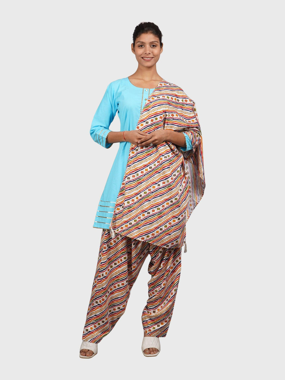 Women Plain Sky Kurta with Stripe Cream Salwar and Dupatta XXXL