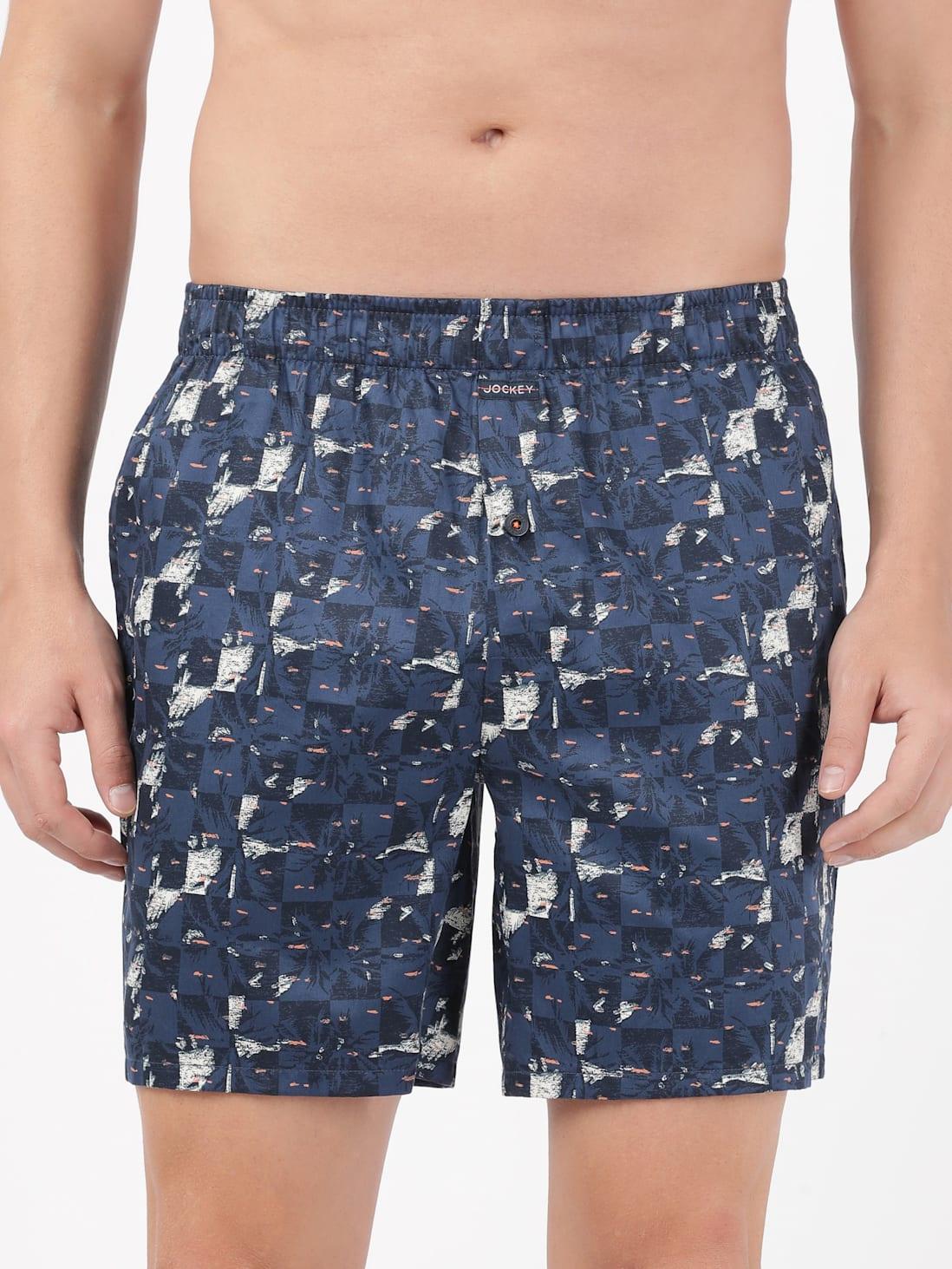 Jockey Men's Super Combed Cotton Satin Weave Printed Boxer Shorts with Side Pocket - Navy (Random Prints)