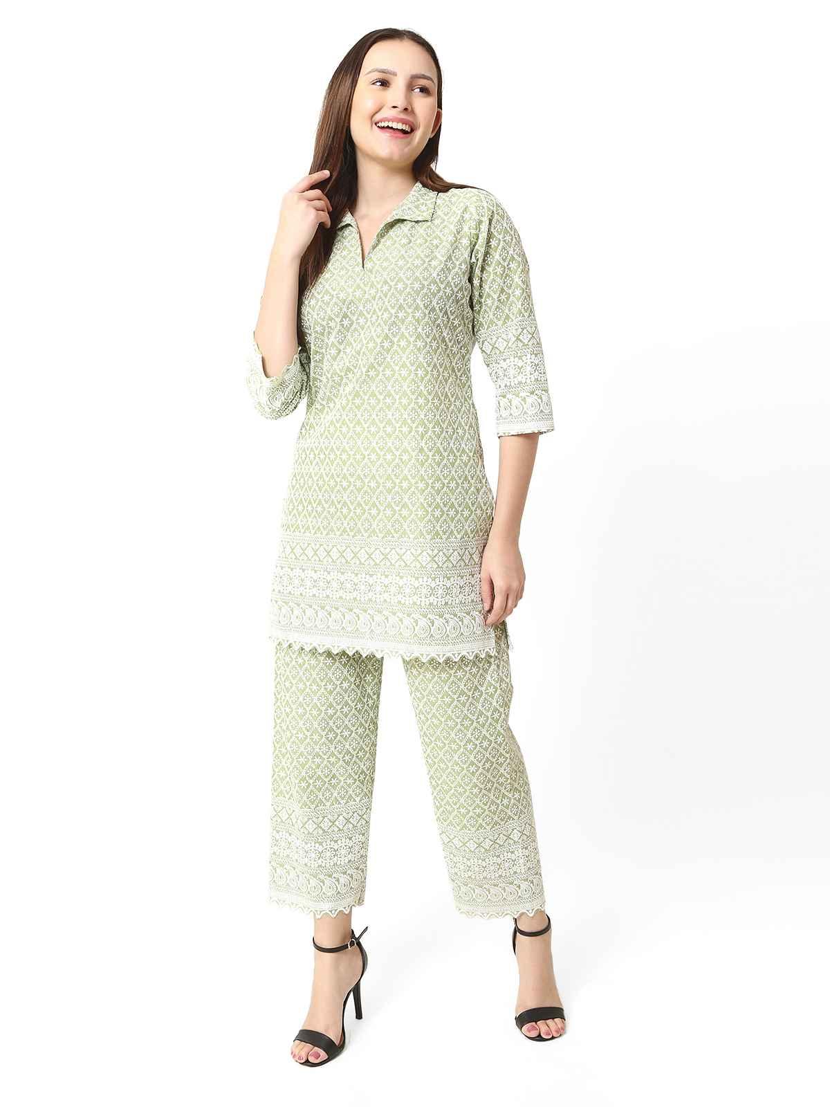 Women Chiken Embroidery Cotton Blend Pista Cord Set XXL