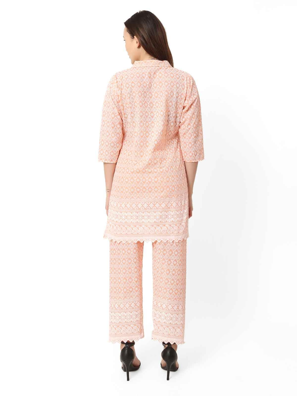 Women Chikan Embroidery Cotton Blend Kurti Set Ethnic Dress Cord Set Peach Color