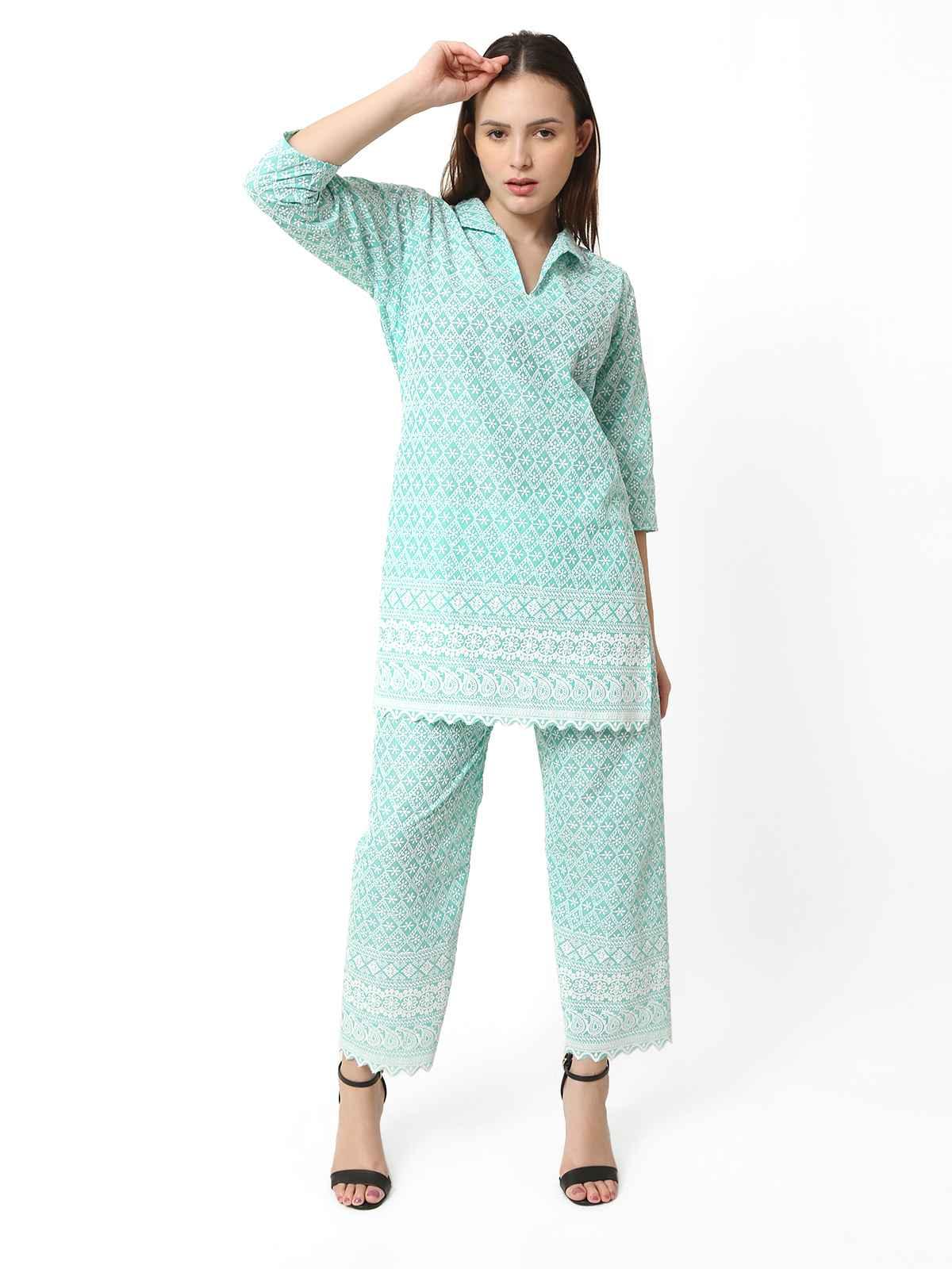 Women Chikan Embroidery Cotton Blend Kurti Set Ethnic Dress Cord Set Aqua Sea Green Color