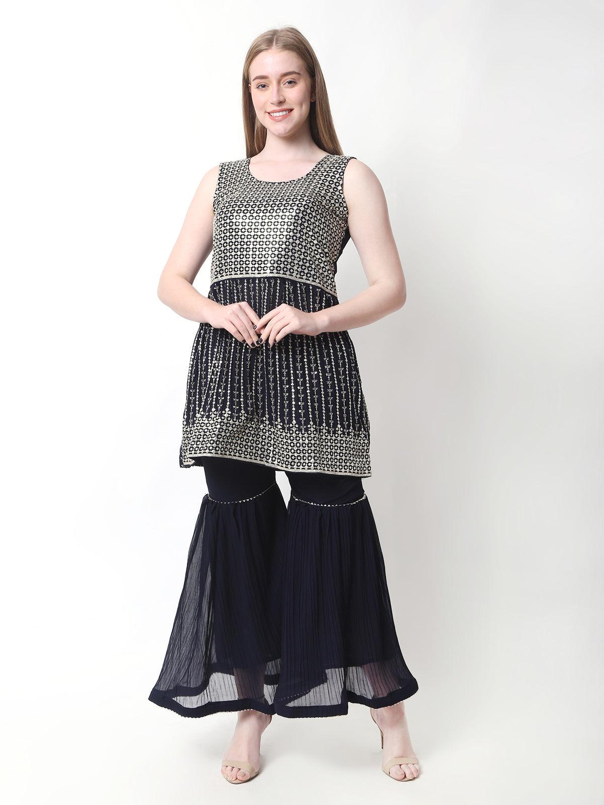 Women's Printed Kurta Sharara Set with Dupatta for Women Navy Color