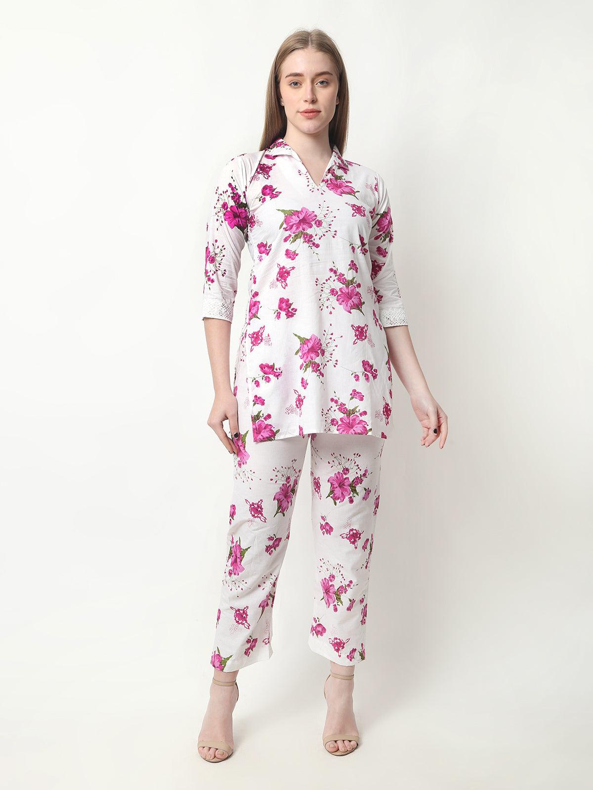 Trendzmy Women Chikan Embroidery Cotton Blend Kurti Set Ethnic Dress Cord Set Printed Pink Color