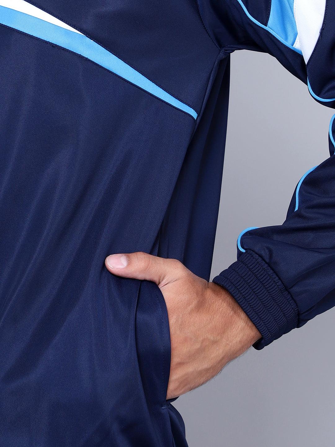 Shiv Naresh Men Navy Blue, Sky Blue and White Striped Detail Tracksuit