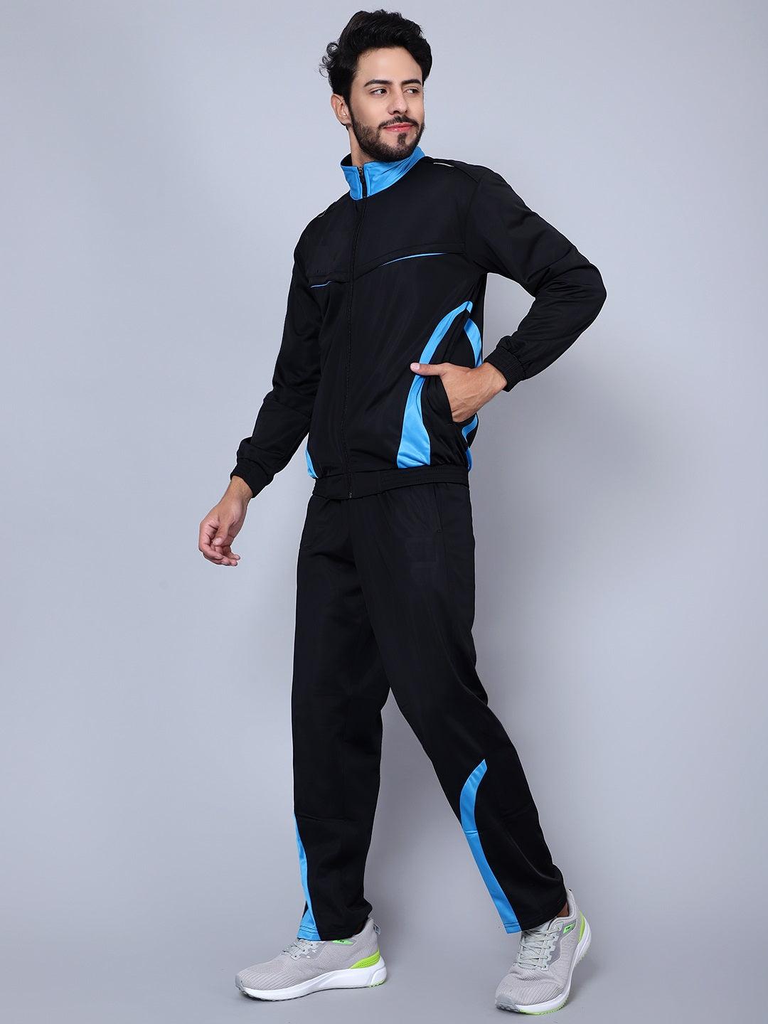 Shiv Naresh Men Color blocked Black and Sky Blue Racer suit Tracksuit